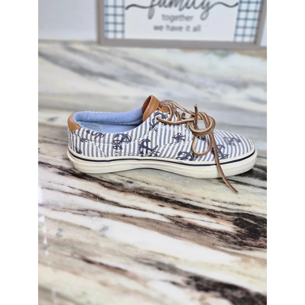 Sperry Top-Sider Bahama Mens 9M Blue White Striped Anchor Boat Shoe Sneakers